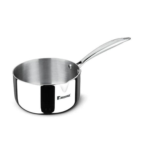 Bergner Argent 14cm (2.9 L) Triply Milkpan/Saucepan/Teapan with Pour Spout, Stay Cool Cast Handle, Food Safe, Healthy Cooking, Faster and Even Heat Distribution - Induction and Gas Stove Ready