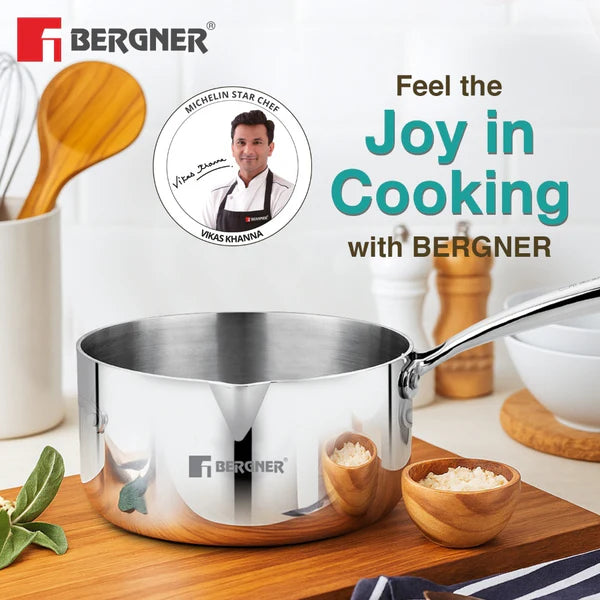 Bergner Argent 14cm (2.9 L) Triply Milkpan/Saucepan/Teapan with Pour Spout, Stay Cool Cast Handle, Food Safe, Healthy Cooking, Faster and Even Heat Distribution - Induction and Gas Stove Ready
