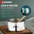Bergner Argent 14cm (2.9 L) Triply Milkpan/Saucepan/Teapan with Pour Spout, Stay Cool Cast Handle, Food Safe, Healthy Cooking, Faster and Even Heat Distribution - Induction and Gas Stove Ready