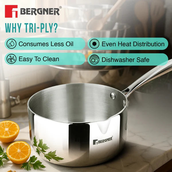 Bergner Argent 14cm (2.9 L) Triply Milkpan/Saucepan/Teapan with Pour Spout, Stay Cool Cast Handle, Food Safe, Healthy Cooking, Faster and Even Heat Distribution - Induction and Gas Stove Ready