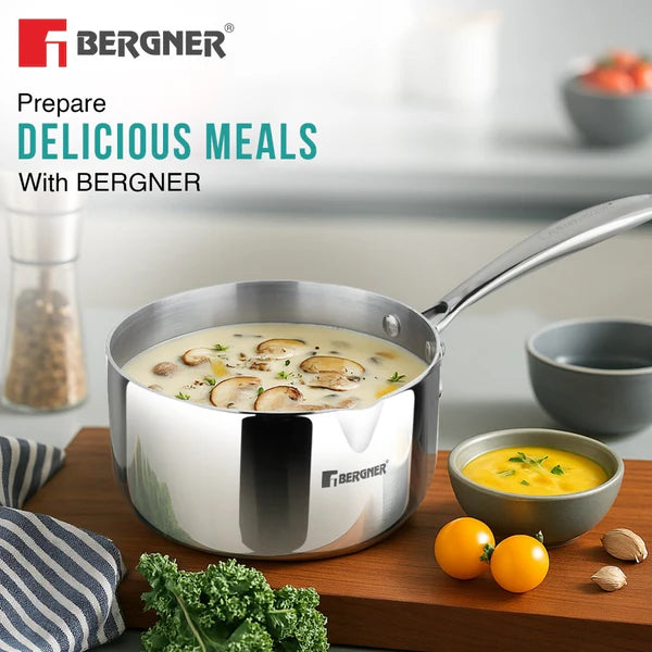 Bergner Argent 14cm (2.9 L) Triply Milkpan/Saucepan/Teapan with Pour Spout, Stay Cool Cast Handle, Food Safe, Healthy Cooking, Faster and Even Heat Distribution - Induction and Gas Stove Ready