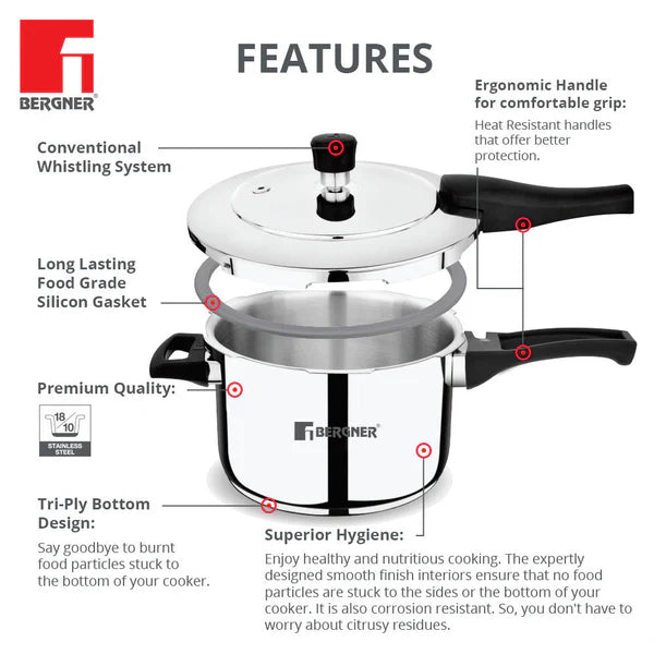 Bergner Pura Straight Body Outer Lid Pressure Cooker 2.0Ltr