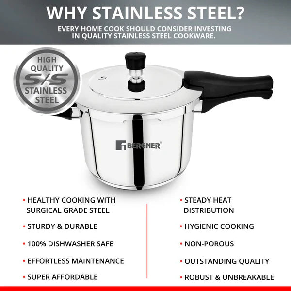 Bergner Pura Straight Body Outer Lid Pressure Cooker 5Ltr