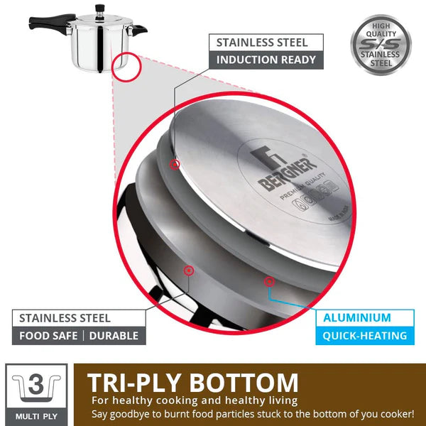 Bergner Pura Straight Body Outer Lid Pressure Cooker 5Ltr
