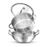 Essential Revanth Multi-Purpose Triply Kadai With Steamer And Flat GlaSS Lid - 24cm, 3.2Ltr