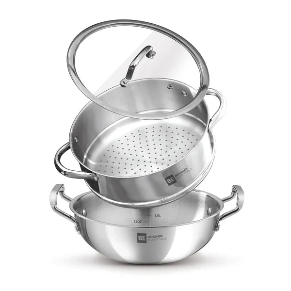 Essential Revanth Multi-Purpose Triply Kadai With Steamer And Flat GlaSS Lid - 24cm, 3.2Ltr