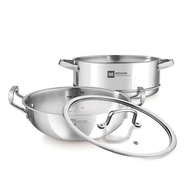 Essential Revanth Multi-Purpose Triply Kadai With Steamer And Flat GlaSS Lid - 24cm, 3.2Ltr