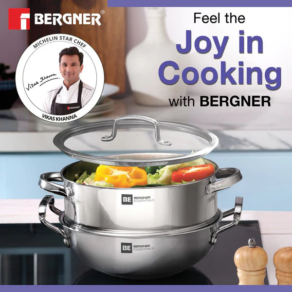 Essential Revanth Multi-Purpose Triply Kadai With Steamer And Flat GlaSS Lid - 24cm, 3.2Ltr