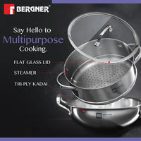 Essential Revanth Multi-Purpose Triply Kadai With Steamer And Flat GlaSS Lid - 24cm, 3.2Ltr