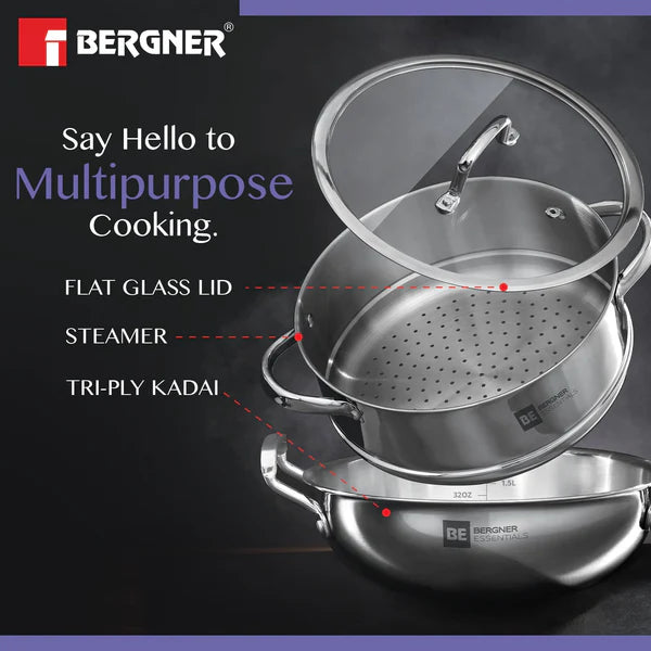 Essential Revanth Multi-Purpose Triply Kadai With Steamer And Flat GlaSS Lid - 24cm, 3.2Ltr