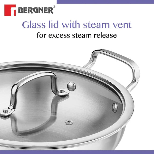 Essential Revanth Multi-Purpose Triply Kadai With Steamer And Flat GlaSS Lid - 24cm, 3.2Ltr
