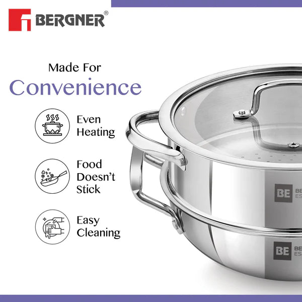 Essential Revanth Multi-Purpose Triply Kadai With Steamer And Flat GlaSS Lid - 24cm, 3.2Ltr