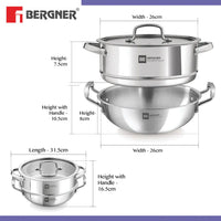 Essential Revanth Multi-Purpose Triply Kadai With Steamer And Flat GlaSS Lid - 24cm, 3.2Ltr