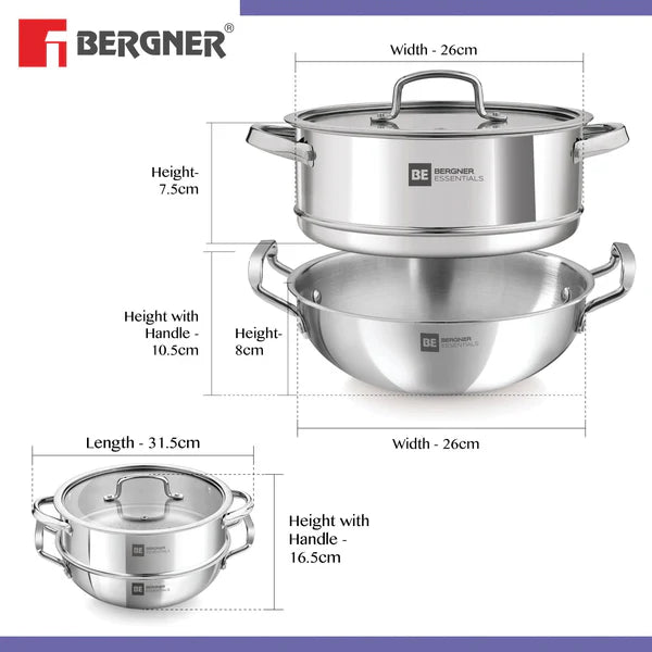 Essential Revanth Multi-Purpose Triply Kadai With Steamer And Flat GlaSS Lid - 24cm, 3.2Ltr
