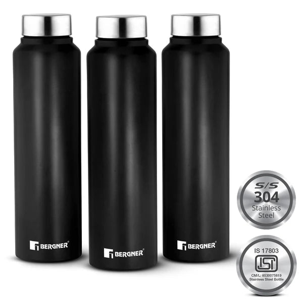 BERGNER 3PC WATER BOTTLE SET 3 x 1000ML S/S BLACK