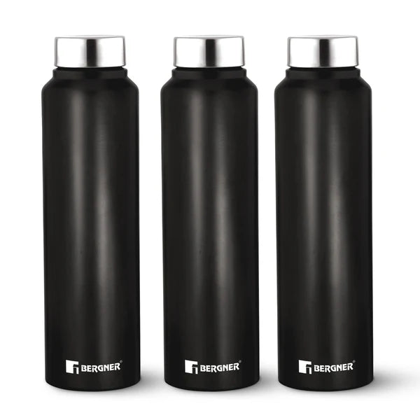 BERGNER 3PC WATER BOTTLE SET 3 x 1000ML S/S BLACK