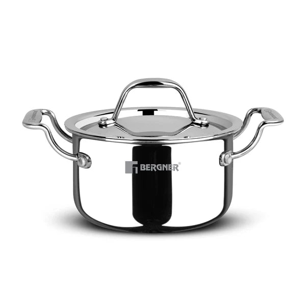Bergner Argent Junior Chef Triply Stainless Steel 16cm (1.6 L) Casserole with Stainless Steel Lid, Mini Casserole, Durable, Consumes Less Oil, Healthy Cooking - Induction and Gas Stove Ready