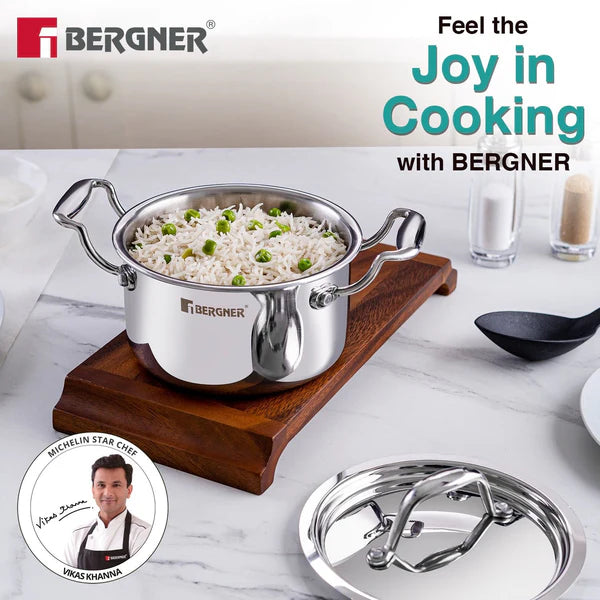 Bergner Argent Junior Chef Triply Stainless Steel 16cm (1.6 L) Casserole with Stainless Steel Lid, Mini Casserole, Durable, Consumes Less Oil, Healthy Cooking - Induction and Gas Stove Ready