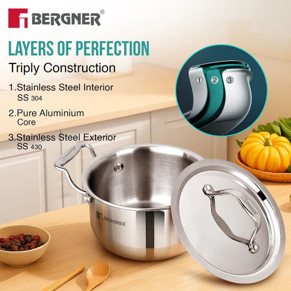 Bergner Argent Junior Chef Triply Stainless Steel 16cm (1.6 L) Casserole with Stainless Steel Lid, Mini Casserole, Durable, Consumes Less Oil, Healthy Cooking - Induction and Gas Stove Ready