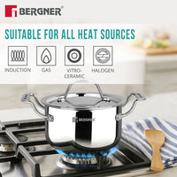 Bergner Argent Junior Chef Triply Stainless Steel 16cm (1.6 L) Casserole with Stainless Steel Lid, Mini Casserole, Durable, Consumes Less Oil, Healthy Cooking - Induction and Gas Stove Ready