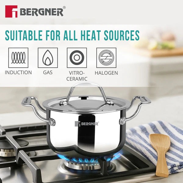 Bergner Argent Junior Chef Triply Stainless Steel 16cm (1.6 L) Casserole with Stainless Steel Lid, Mini Casserole, Durable, Consumes Less Oil, Healthy Cooking - Induction and Gas Stove Ready