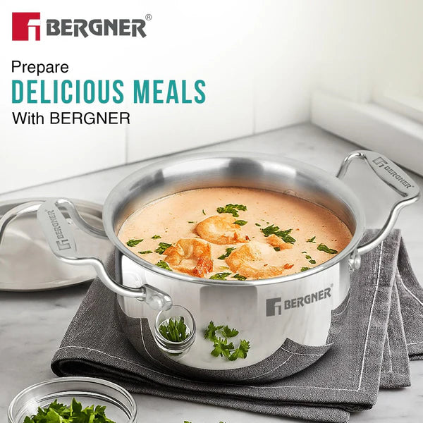 Bergner Argent Junior Chef Triply Stainless Steel 16cm (1.6 L) Casserole with Stainless Steel Lid, Mini Casserole, Durable, Consumes Less Oil, Healthy Cooking - Induction and Gas Stove Ready