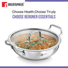 BERGNER ESSENTIAL KADHAI 18CM WITH FLAT GLASS LID