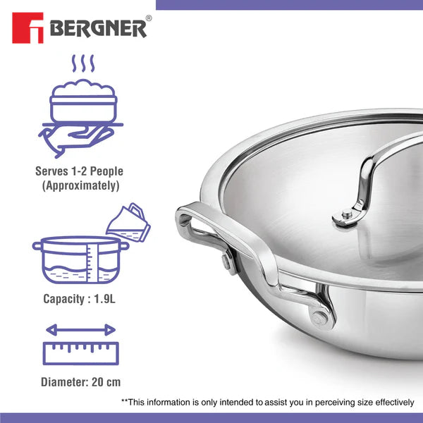 BERGNER ESSENTIAL KADHAI 20CM WITH FLAT GLASS LID