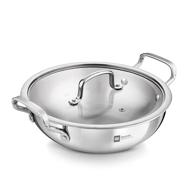 BERGNER ESSENTIAL KADHAI 22CM WITH FLAT GLASS LID