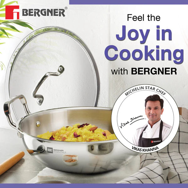 BERGNER ESSENTIAL KADHAI 22CM WITH FLAT GLASS LID