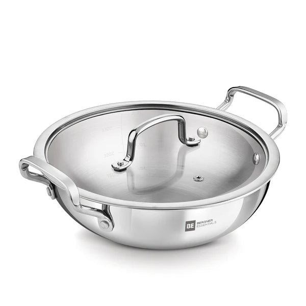 BERGNER ESSENTIAL KADHAI 24CM WITH FLAT GLASS LID
