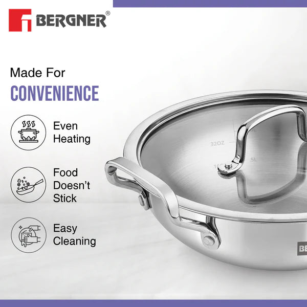BERGNER ESSENTIAL KADHAI 24CM WITH FLAT GLASS LID