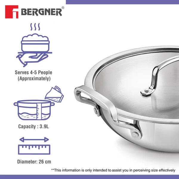 BERGNER ESSENTIAL KADHAI 26CM WITH FLAT GLASS LID