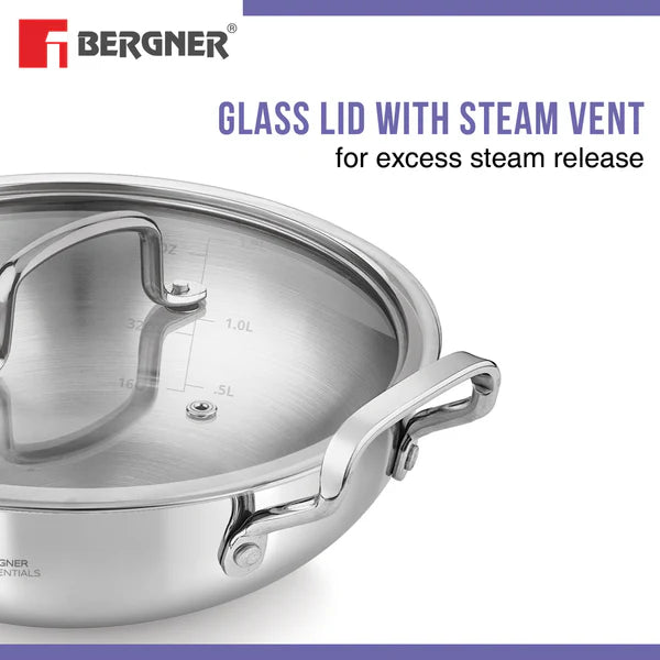 BERGNER ESSENTIAL KADHAI 26CM WITH FLAT GLASS LID