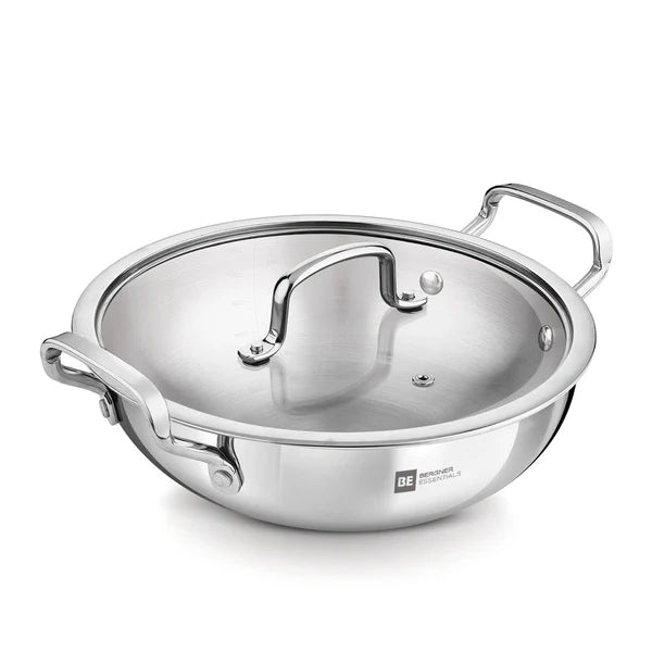 BERGNER ESSENTIAL KADHAI 28CM WITH FLAT GLASS LID