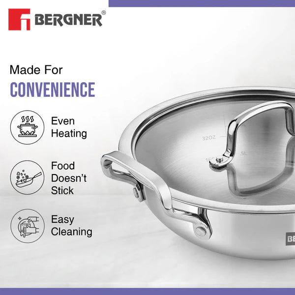 BERGNER ESSENTIAL KADHAI 28CM WITH FLAT GLASS LID