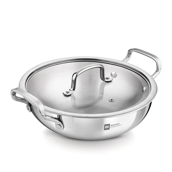 BERGNER ESSENTIAL KADHAI 32CM WITH FLAT GLASS LID