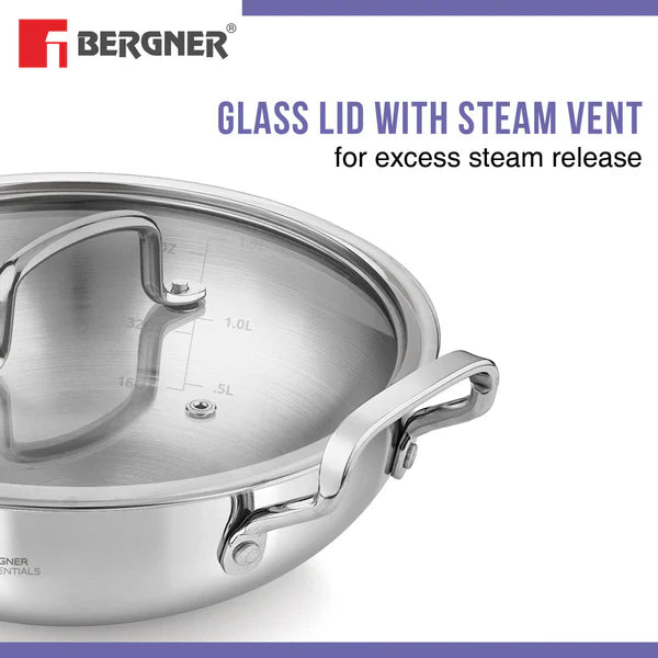 BERGNER ESSENTIAL KADHAI 32CM WITH FLAT GLASS LID