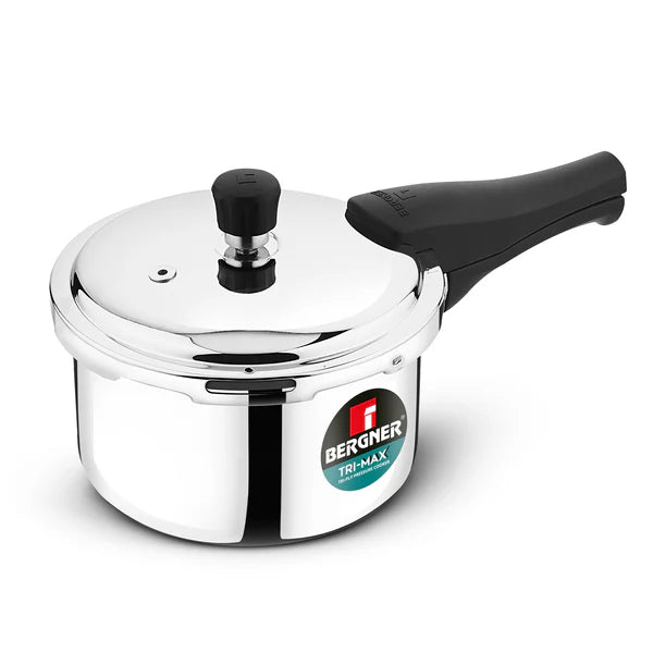 Bergner Tri-Max 2 Litres Triply Outer Lid Pressure Cooker, Triply Body, Healthy Cooking, Durable Bakelite Handle, Safety Valve, Measuring Scale Inside, ISI Certified - Induction and Gas Stove Ready