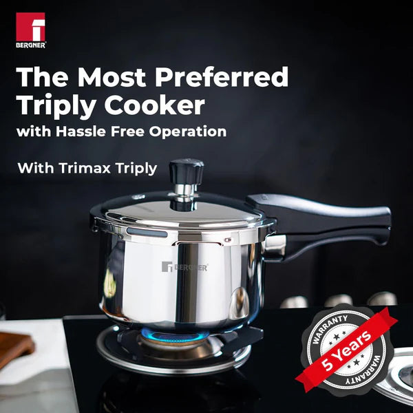 Bergner Tri-Max 2 Litres Triply Outer Lid Pressure Cooker, Triply Body, Healthy Cooking, Durable Bakelite Handle, Safety Valve, Measuring Scale Inside, ISI Certified - Induction and Gas Stove Ready
