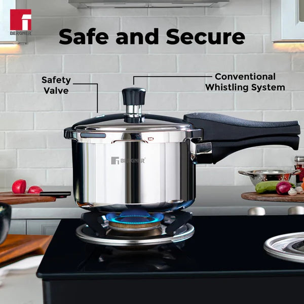 Bergner Tri-Max 2 Litres Triply Outer Lid Pressure Cooker, Triply Body, Healthy Cooking, Durable Bakelite Handle, Safety Valve, Measuring Scale Inside, ISI Certified - Induction and Gas Stove Ready