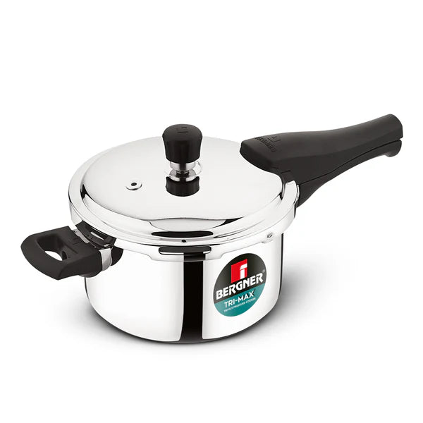 Bergner Tri-Max 5 Liters Triply Outer Lid Pressure Cooker, Triply Body, Healthy Cooking, Durable Bakelite Handle, Safety Valve, Measuring Scale Inside, ISI Certified - Induction and Gas Stove Ready