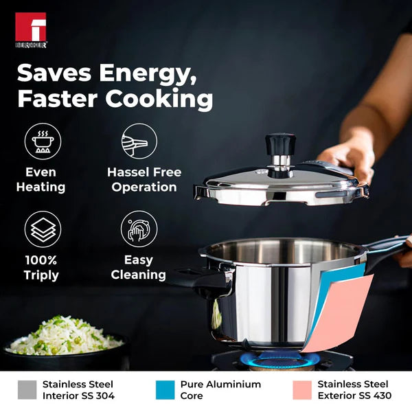 Bergner Tri-Max 5 Liters Triply Outer Lid Pressure Cooker, Triply Body, Healthy Cooking, Durable Bakelite Handle, Safety Valve, Measuring Scale Inside, ISI Certified - Induction and Gas Stove Ready