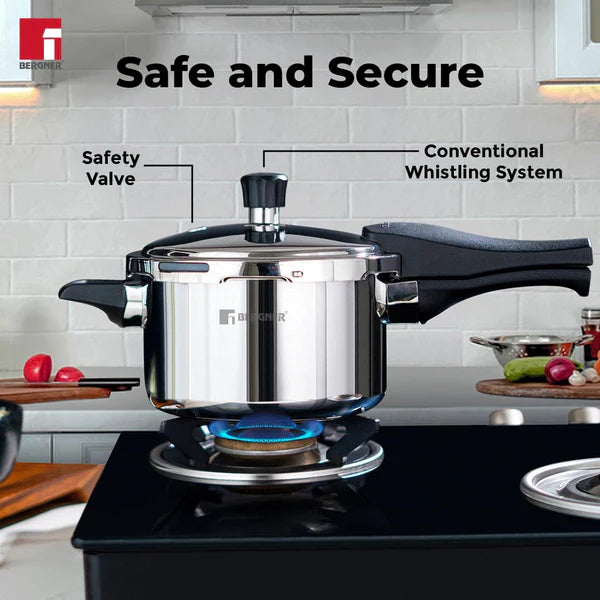 Bergner Tri-Max 5 Liters Triply Outer Lid Pressure Cooker, Triply Body, Healthy Cooking, Durable Bakelite Handle, Safety Valve, Measuring Scale Inside, ISI Certified - Induction and Gas Stove Ready