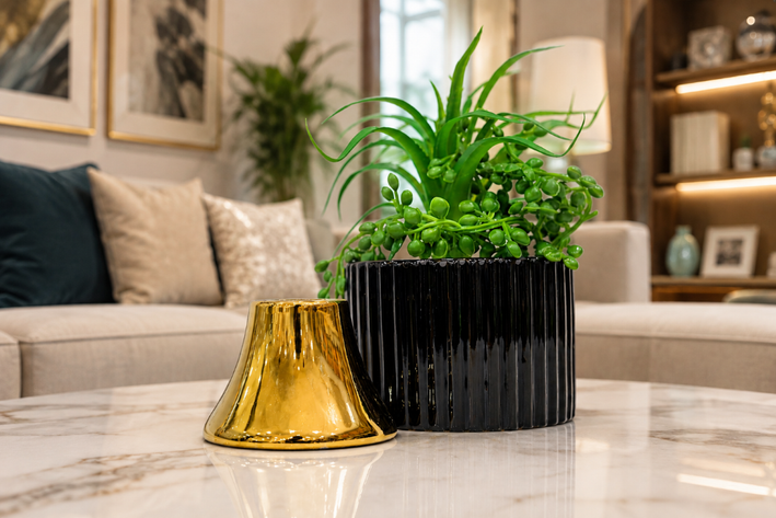 Premium Artificial Flower Metal Pot with Stand Home Decor, Decorative Home Item / Tabletop Statue / Luxury Flower Showpiece for Living Room, Office & Gifting