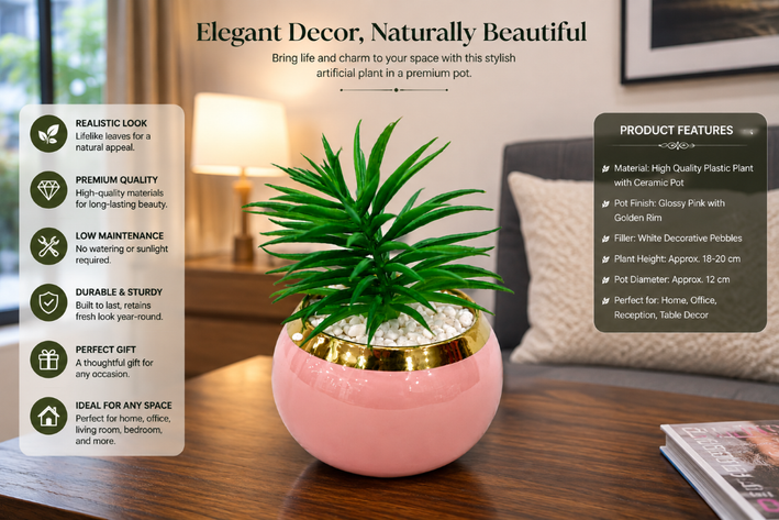 Premium Artificial Beautiful Flower Pot Home Decor, Decorative Home Item / Tabletop Statue / Luxury Flower Showpiece for Living Room, Office & Gifting
