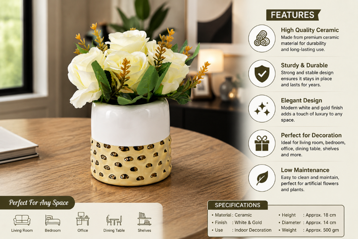 Premium Artificial Eye-Catching Flower Pot Home Decor, Decorative Home Item / Tabletop Statue / Luxury Flower Showpiece for Living Room, Office & Gifting