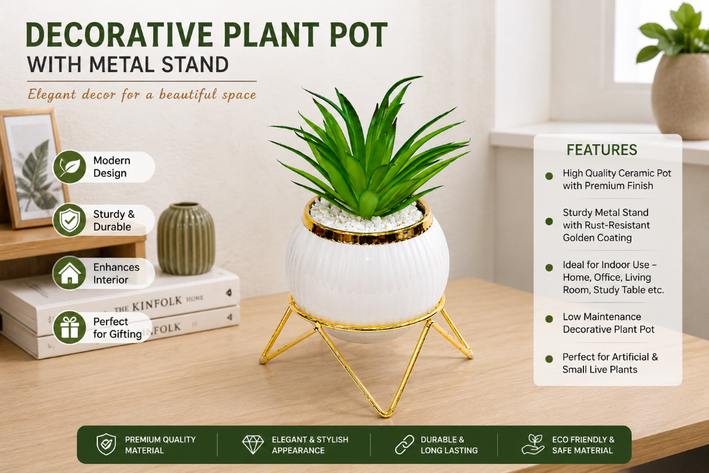 Premium Artificial Attractive Flower Pot with Metal Stand Home Decor, Decorative Home Item / Tabletop Statue / Luxury Flower Showpiece for Living Room, Office & Gifting