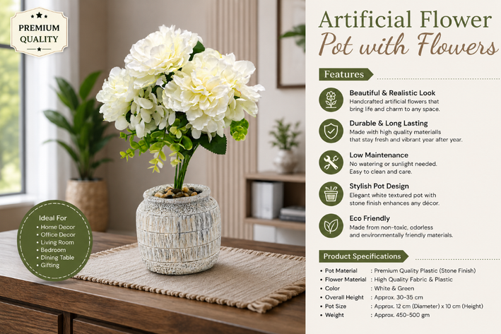Premium Artificial Beautiful Flower Pot Home Decor, Decorative Home Item / Tabletop Statue / Luxury Flower Showpiece for Living Room, Office & Gifting