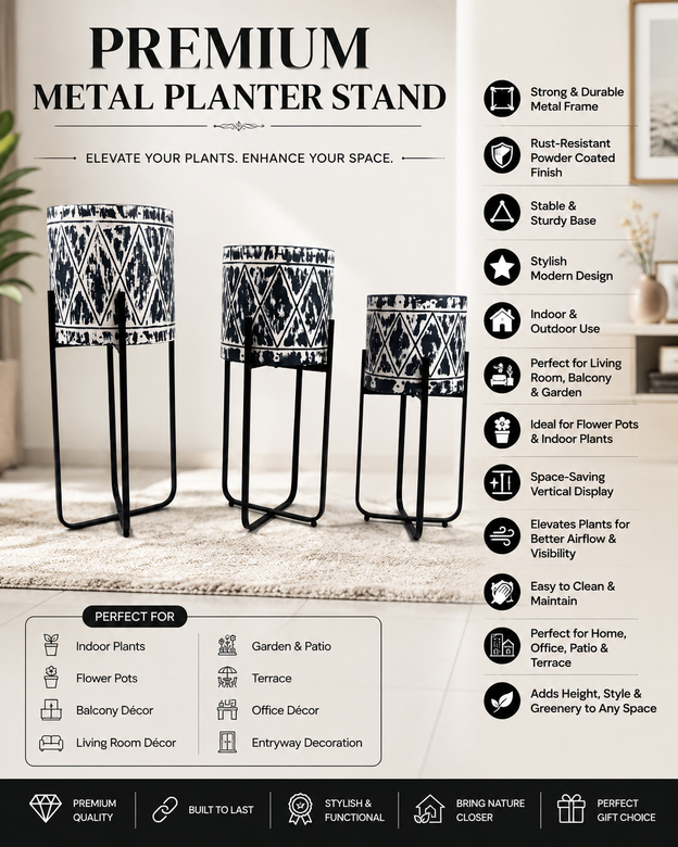 Premium Set of 3 Modern Decorative Planter Stands with Black & White Printed Pots